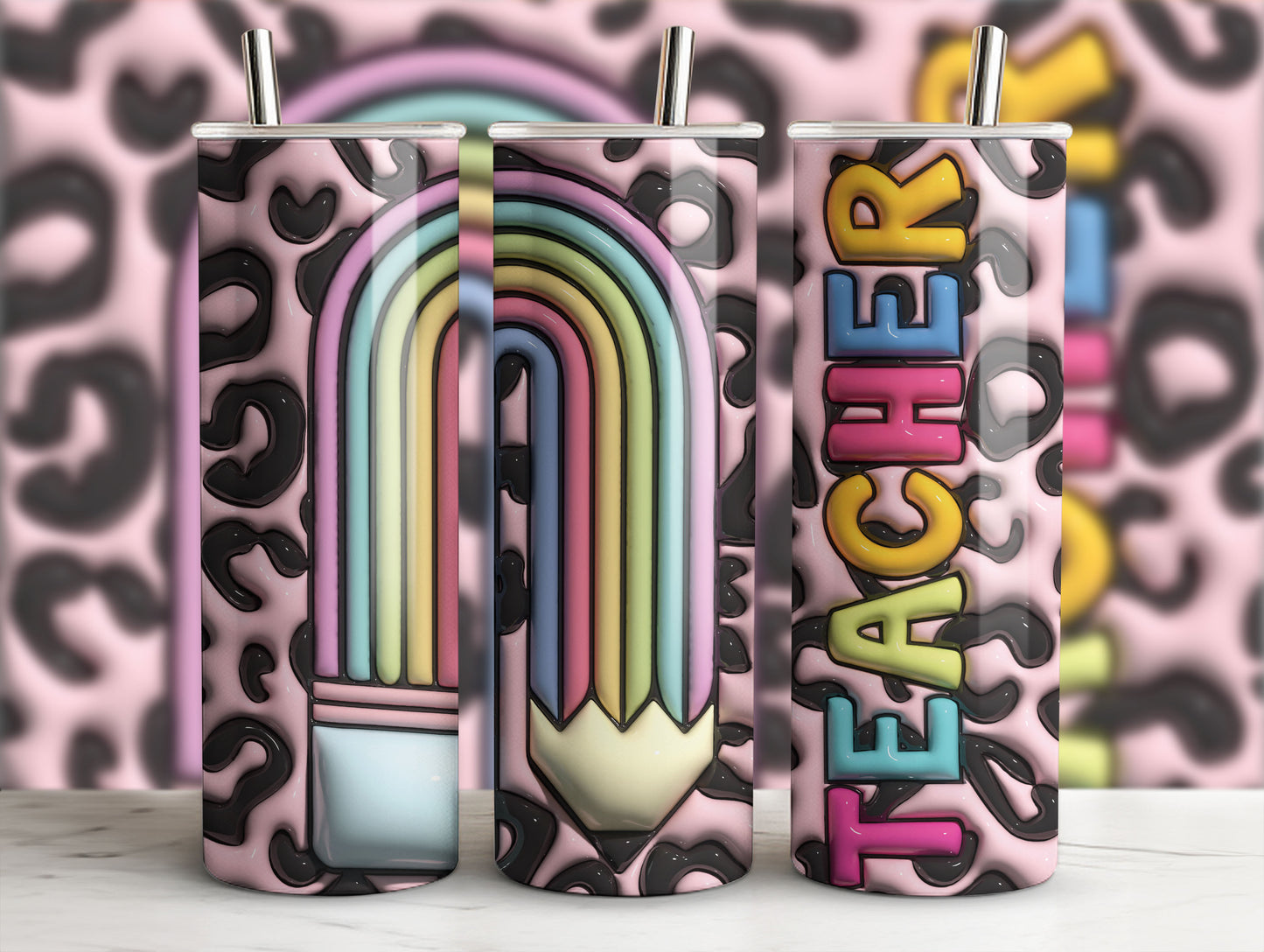 Teacher Animal Print Rainbow Pencil Tumbler